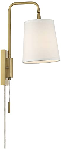 Luca 15 1/2" Warm Brass Swing Arm Plug-In Wall Mount Lamp Light Fixture | Mid Century Modern Indoor Finish Metal Fabric Shade for Bedroom Bedside House Reading Living Room Home Hallway