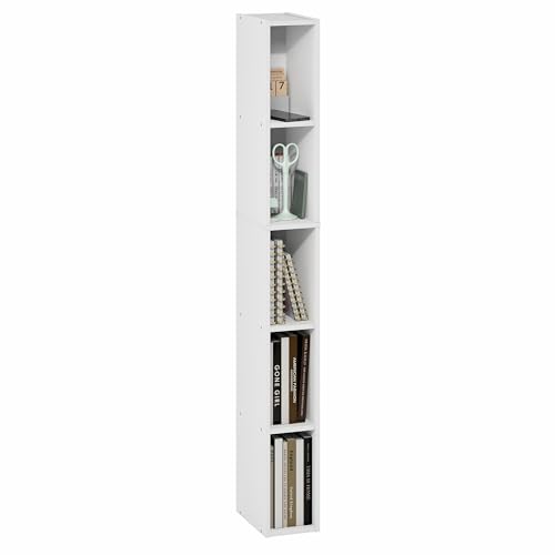 Furinno Fulda Book Shelf, 5-Tier Tall Narrow Bookshelf, Standing Bookcase with 6-in Width Storage Shelf, 9.3 x 5.9 x 51.9, for Organization Storage, for Living Room, Bedroom, Home Office, White - color: White, size: 5-Tier, 6W
