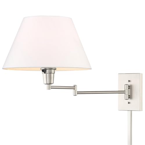 Kira Home Cambridge 15" Modern Swing Arm Wall Sconce with 3-Way Switch | White Empire Fabric Shade, 2-in-1 Plug In or Hardwired Bedroom Wall Lamp, Satin Nickel Finish - color: Brushed Nickel,White Shade