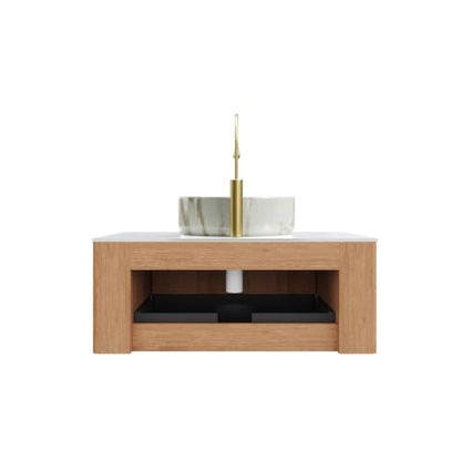 36" Floating Bathroom Vanity with Sink, Wall Mounted Plywood Cabinet, Natural Wood Grain Fluted Front, Sintered Stone Countertop, White Marble-Look Ceramic Vessel Sink, Soft-Close Drawer - color: Natural Oak Cabinet / White Marble Sink, size: 36 Inch