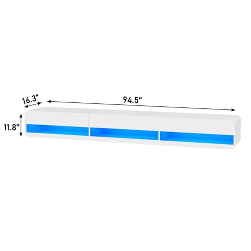 St.Mandyu Floating LED TV Stand for TVs Up to 100 inch, 94.5 inch Modern Entertainment Center with Led Lights & Power Outlet, Wall Mounted Hanging Media Console for Living Room, White - color: White