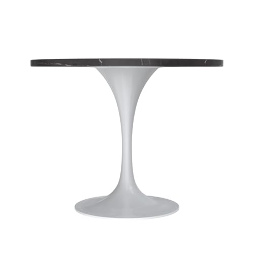 LeisureMod Verve Modern Dining Table with a 36" Round Sintered Stone Tabletop and White Steel Pedestal Base for Kitchen and Dining Room, Black - color: Black Stone, size: 36 inch Wide
