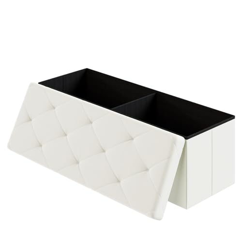 DUMOS 43 Inch Folding Ottoman with Storage Bench, Foot Rest Stool Ottoman | Upholstered End of Bed Storage Bench, Storage Ottoman Loads 660 Lbs for Bedroom, Living Room, Synthetic Leather, Beige - color: Beige, size: 15.2"D x 43"W x 15.2"H