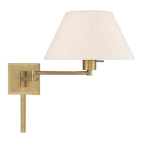 Livex Lighting 40038-01 1-Light Swing Arm Wall Light, Antique Brass | Oatmeal Fabric Shade - color: Antique Brass