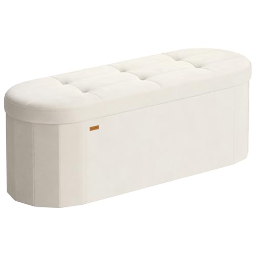 SONGMICS Mazie Collection - Folding Ottoman with Storage, Oval Storage Ottoman Bench, for Living Room, Bedroom, Velvet Fabric, 15 x 43 x 15 Inches, Cream White ULSF297LH01 - color: Cream White, size: 15"D x 43"W x 15"H, style: Oval