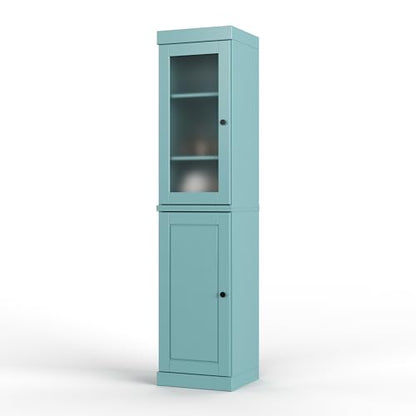 Solid Wood Kitchen Pantry - Narrow Storage Cabinet - 16.5" Wide x 71.5" Tall - 1 Raised Panel & 1 Frosted Glass Door, Sage, Adjustable Shelves, 100% Eco-Friendly Wood, Modular Cabinets - color: Aqua, style: Frosted Glass Top Door / Raised Panel Bottom Doo
