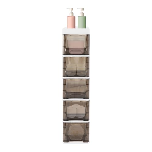 5 Drawers Storage Cabinet, Bathroom Narrow Slim Tower with Drawer & Wheels, Freestanding PP Organizer for Small Spaces, Vertical Storage for Toiletries Towels, White