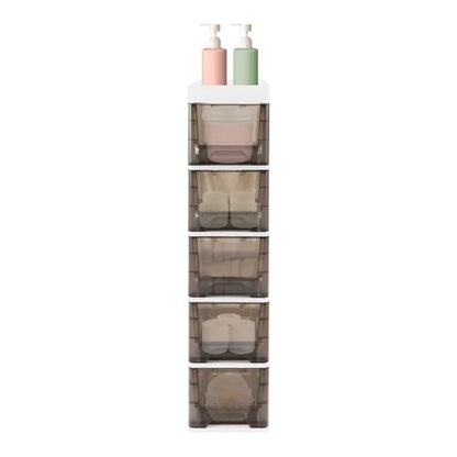 5 Drawers Storage Cabinet, Bathroom Narrow Slim Tower with Drawer & Wheels, Freestanding PP Organizer for Small Spaces, Vertical Storage for Toiletries Towels, White