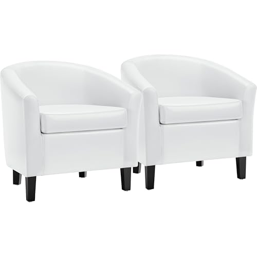 Yaheetech Accent Chairs Set of 2, Faux Leather Barrel Armchairs White | Water-resistant Faux Leather Chairs with High-density Foam and Solid Wood Legs for Living Room, Waiting Room, Small Space - color: White(faux Leather), style: without Ottoman