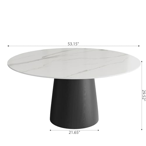 53" Round Dining Table for 6, Sintered Stone Top Solid Wood Pedestal, Snowy White+Black (Table Only) - color: Snowy White+black, size: 53"