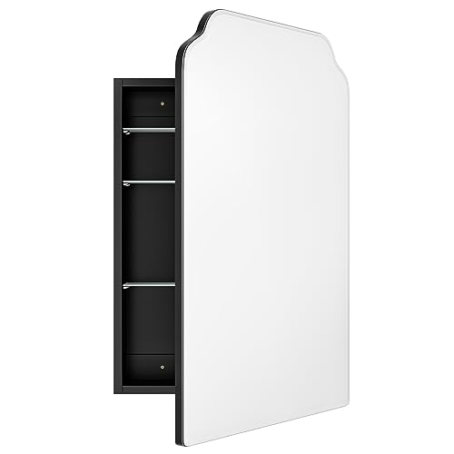AGDULL Recessed Medicine Cabinet with Arched Mirror, Overall 17.5"x29" | Bathroom Wood Black Wall Cabinet with Mirror, Soft-Closed Hinges, Fully Assembled, Surface Mount Option, Right-Swing Door - color: Right Swing-black, size: Mirror: 17.5"x29"