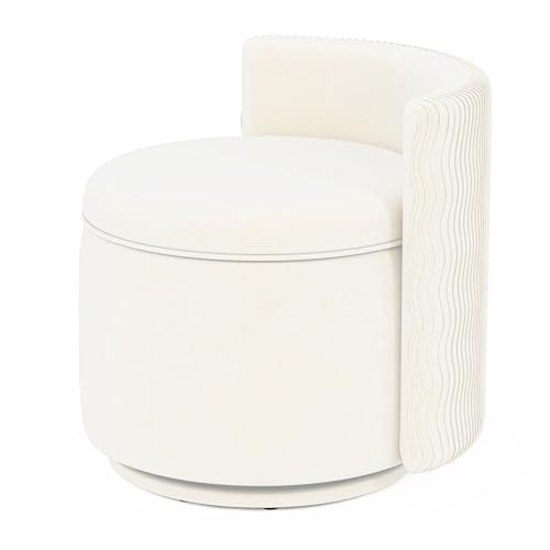 allamazing 360° Swivel Accent Chair with Storage, Vanity Stool with Back, Velvet Storage Ottoman, Upholstered Round Barrel Vanity Chair for Living Room, Makeup Room, Bedroom (Off White) - color: Off White