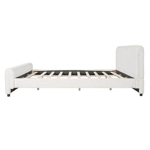 Merax King Size Luxury Bouclé Upholstered Bed Frame, White | Modern Curved Platform Bed with Rounded Headboard & Footboard, No Box Spring Needed, Solid Wood Slats Support, Easy Assembly - size: King