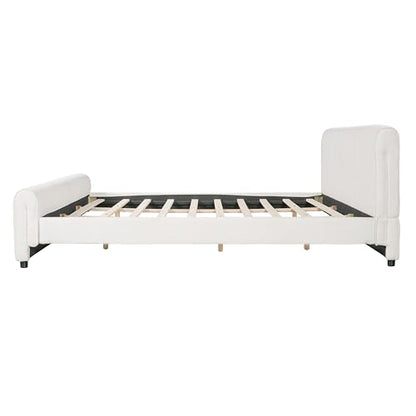 Merax King Size Luxury Bouclé Upholstered Bed Frame, White | Modern Curved Platform Bed with Rounded Headboard & Footboard, No Box Spring Needed, Solid Wood Slats Support, Easy Assembly - size: King