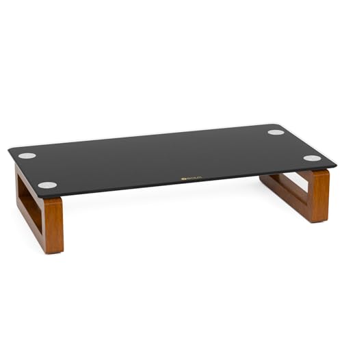YEOUX Black Glass Computer Monitor Stand Riser with Wooden Base for Flat Screen LCD, LED TV, Laptop, Printer, Multi Media Desktop Stand, Office Supplies Desk Organization - color: Walnut&Black