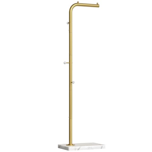 L Shaped Glod Coat Rack, Metal Coat Tree, Modern Clothes Rack with 3 Hooks and Thickened Base, Floor Standing Coat Hanger Stand, for Entryway, Living Room, Cloakroom, Gold and White YM01DWY1