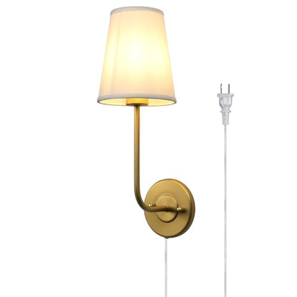 Plug in Wall Sconce, Rustic Wall Light Fixture with On/Off Switch and Pure White Fabric Lampshade, Antique Brass Wall Lamp for Living Room Bedroom - size: 1-pack