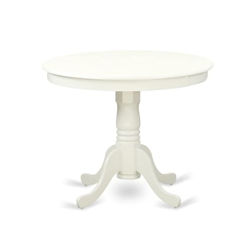 BOWERY HILL Round Wood Dining Table, 36" Diameter, Linen White Finish, Solid Rubber Wood Construction, Pedestal Base, Traditional Style for Kitchen or Dining Room - color: Linen White