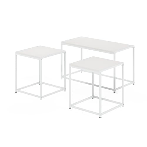 Furinno CAMNUS Coffee Table, Metal Frame Modern Center Table and Side Tables Set, Toolless Side Table Sets, for Living Room, Bedroom, Home Office, Solid White - color: Solid White/White, size: 3-in-1 Set (1 Coffee + 2 End Tables)
