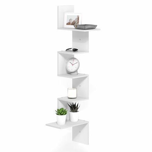 Furinno Rossi Corner Floating Shelves for Wall, 5-Tier Corner Rectangular Wall Shelf, S-Shape Radial Floating Book Shelf, Easy Assembly, for Bathroom, Bedroom, Living Room, White - color: White, size: 5-Tier Rectangle