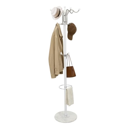 Coat Rack for Entryway, Freestanding Coat Rack, White Coat Rack with Marble Base, 3-Tier Hooks Umbrella Holder, Heavy Duty 33 lbs Capacity, for Hallway Bedroom Living Room