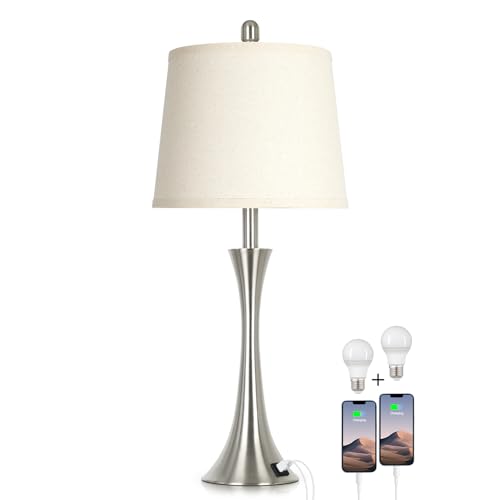 Rinweey 27.5" Silver Table Lamps, Touch Bedside Lamps with USB C+A Ports, 3 Way Dimmable Nightstand Lamps for Bedroom, Living Room, Office, Silver Lamp with Beige Lampshade, Bulbs Included (1 Pack) - color: Silver (1 Pack)