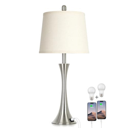 Rinweey 27.5" Silver Table Lamps, Touch Bedside Lamps with USB C+A Ports, 3 Way Dimmable Nightstand Lamps for Bedroom, Living Room, Office, Silver Lamp with Beige Lampshade, Bulbs Included (1 Pack) - color: Silver (1 Pack)