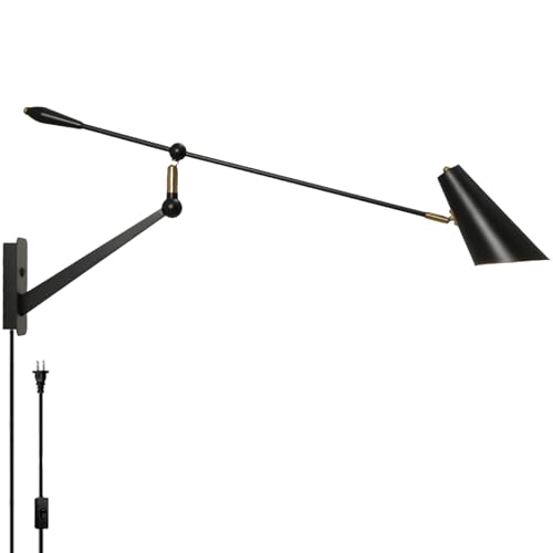 Adjustable Directional Plug in wall Light Swing arm, Unique Long Pole wall Lamps for Living Room Sofa Background Wall, Movable Retro Style Dining Table Large wall Mount lamp, E26 Base - color: Black Gold
