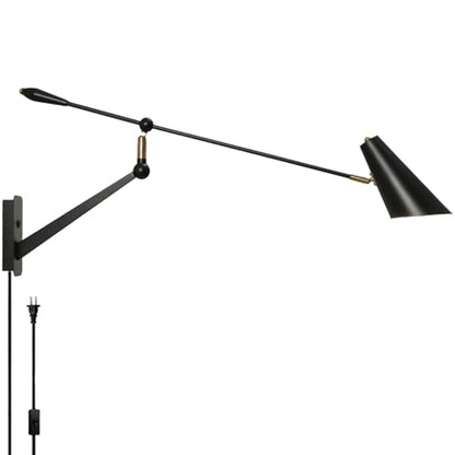 Adjustable Directional Plug in wall Light Swing arm, Unique Long Pole wall Lamps for Living Room Sofa Background Wall, Movable Retro Style Dining Table Large wall Mount lamp, E26 Base - color: Black Gold