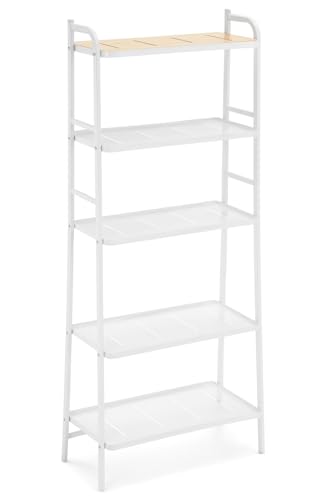 Home Zone Living Tall White Bookshelf with 5-Tier Open Display Shelves | Wide Steel Frame Design with Bamboo Accent Top Shelf - color: 5-tier Wide