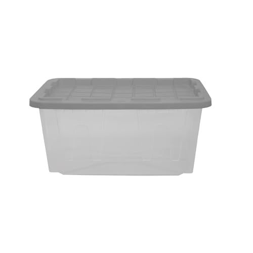 CX 27-Gallon Heavy Duty Clear Stackable Storage Bins with Lids, 2 Pack | Clear plastic totes for garage organization, Stackable, weather-resistant, snap lids, 14.3H x 20.6W x 30.6D, Clear/gray - size: 2 Pack, style: Clear & Gray