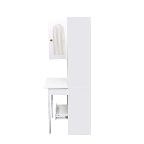 Space-Saving Fold Out Wall Desk, Convertible Writing Table with Large Storage Cabinet & Shelves, Tall Cabinet Bookcase for Small Apartments, Home Office Workstation (White)
