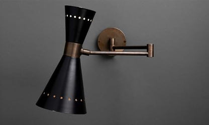 Brass Wall Sconce Mid Century Modern Swing Arm Wall Lamp, Adjustable Wall Light Fixture with Perforated Metal Shade, Bedside Reading Wall Lamp for Bedroom Living Room Hallway (2, Matte Black) - color: Matte Black