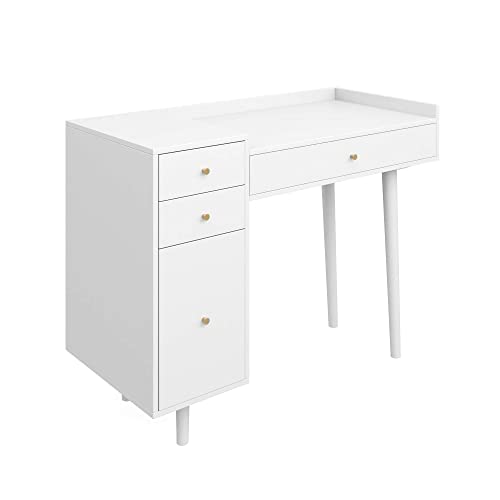 Nathan James Daisy Vanity Dressing Table or Makeup Desk with 4-Drawers and Brass Accent Knobs, White Wood - color: White