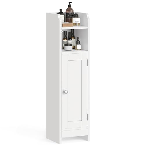 VASAGLE Small Storage Corner Floor Cabinet with Door，Cloud White | Narrow Toilet Paper Storage Holder, 7.1 x 7.5 x 31.5 Inches, Adjustable Shelves, SIREN Collection UBBC310W01 - color: Cloud White, style: 1door+1open compartment (31.5"H)