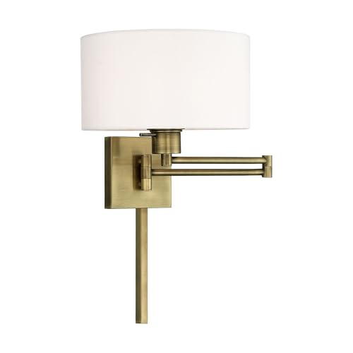 Livex Lighting 40036-01 1-Light Swing Arm Wall Light, Antique Brass | Off-White Fabric Shade - color: Antique Brass