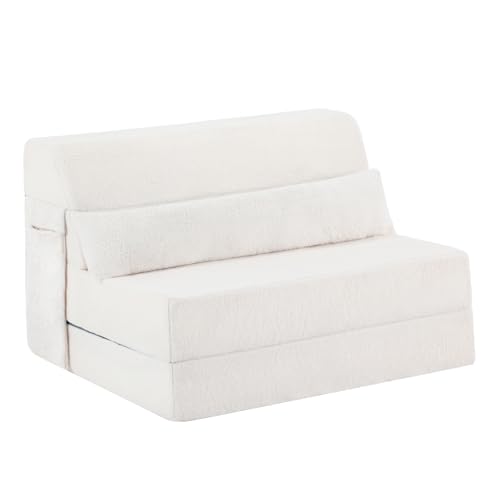 Convertible Folding Sofa Bed Mattress with Pillow & Side Pocket, Plush Fabric Floor Mattress Couch Bed, Washable Cover, Twin Size, Beige - color: Plush Beige, size: Twin Size