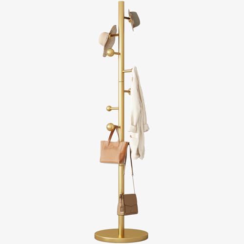Coat Rack Freestanding Coat Tree with 8 Hooks Coat Hanger Stand,Gold | Heavy Duty Metal Coats Rack Stand for Jacket Hat Clothes Bag Stainless Steel Hall Tree Hat Racks for Entryway Bedroom Hallway - color: Gold with 8 Round Hooks