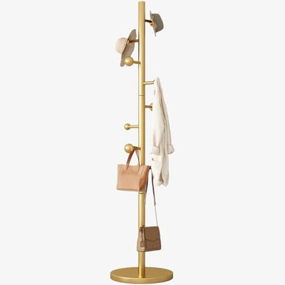 Coat Rack Freestanding Coat Tree with 8 Hooks Coat Hanger Stand,Gold | Heavy Duty Metal Coats Rack Stand for Jacket Hat Clothes Bag Stainless Steel Hall Tree Hat Racks for Entryway Bedroom Hallway - color: Gold with 8 Round Hooks