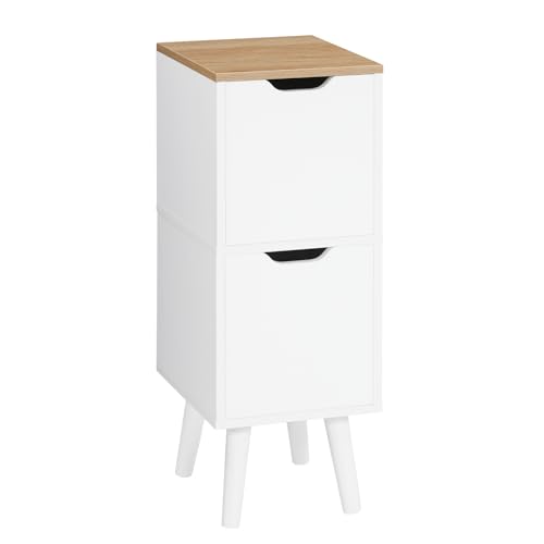 MAHANCRIS Narrow Nightstand with 2 Drawers, Skinny End Table, Modern Wooded Bedside Table, Slim Side Table for Small Spaces, White Night Stand for Bedroom, Solid Wood Feet, Natural ETNW3601