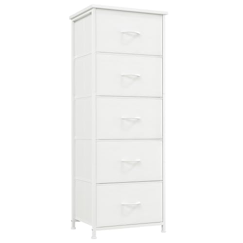 Somdot Tall Dresser for Bedroom, 5 Drawer Storage Cabinet, White | Fabric Dresser with Removable Bins, Steel Frame, Wood Top Home Furniture, Closet Organizer, Nursery, Dorm, Entryway Storage - color: White, size: 11.8"D x 16.5"W x 45.1"H (5 Drawers)