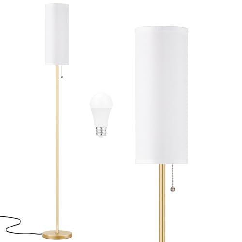 Floor Lamp with 3 Color Temperatures Bulb, 64" Standing lamp with Linen lampshade for Bedroom, Minimalist Pole Lamp, White Shade & Gold Pole - color: white & gold, size: 64.56 inches 1PCS