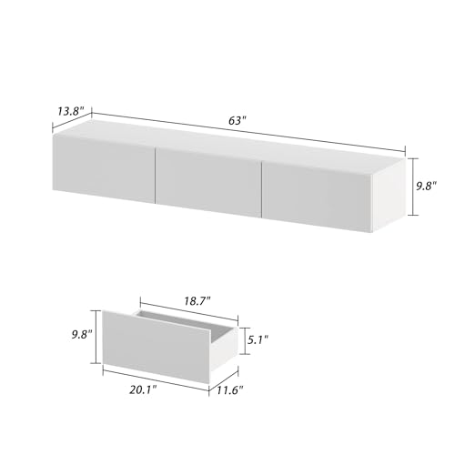 Floating TV Stand with LED for TVs up to 70", High Gloss Wall Mounted Entertainment Center for Living Room, White Modern Wood Media Console for Bedroom - size: 63"W x 14"D x 10"H