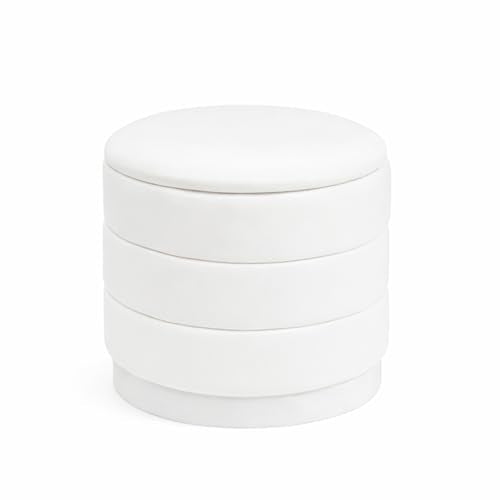15.4" Round Velvet Storage Ottoman with Reversible Lid, Upholstered Circular Ottoman Footrest with Hidden Storage, Foldable Padded Footstool for Dorm Living Room & Bedroom, White - color: White, size: 15"D x 15"W x 15"H