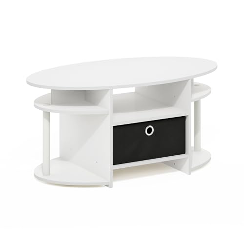 Oval Modern Coffee Table with Side Shelves and Storage Bin, Side Table with Shelf, Coffee Table, for Bedroom, Living Room, Home Office, White - color: White/White/Black