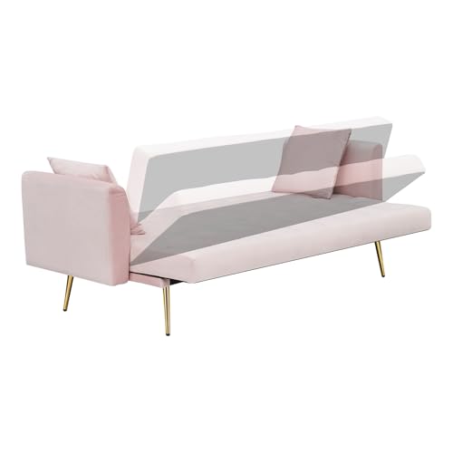 71" Modern Velvet Sofa Bed Futon, Convertible Sleeper Couch, Adj. Backrest | Tufted Recliner Loveseat Design with Golden Chrome Legs & 2 Pillows, Perfect for Small Spaces, Living Room, Apartment - color: Pink