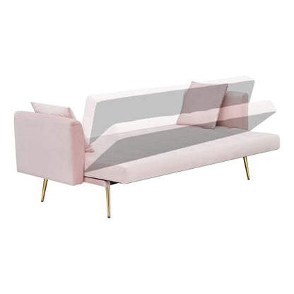71" Modern Velvet Sofa Bed Futon, Convertible Sleeper Couch, Adj. Backrest | Tufted Recliner Loveseat Design with Golden Chrome Legs & 2 Pillows, Perfect for Small Spaces, Living Room, Apartment - color: Pink