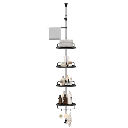 SONGMICS 4-Tier Corner Shower Caddy Tension Pole for Bathroom | Rust-Resistant Shower Organizer, 107.1 to 120.1 Inches, Height Adjustable Trays, Ink Black, PARSON Collection UBCB008B01 - color: Ink Black
