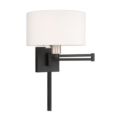 Livex Lighting 40036-04 1-Light Swing Arm Wall Light, Black | Off-White Fabric Shade - color: Black with Brushed Nickel Accent