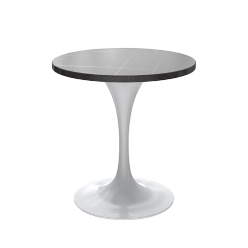LeisureMod Verve Modern Dining Table 27" Round Sintered Stone Tabletop and White Stainless Steel Pedestal Base for Kitchen and Dining Room, Black - color: Black Stone, size: 27 inch Wide